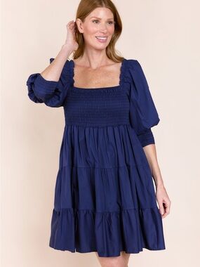 Sofia Made In Italy One Size Navy Smocked Square-Neck Tiered Dress